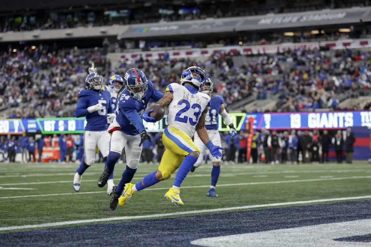 Los Angeles Rams running back Kyren Williams (23) runs in a touchdown during the second half an NFL football game against the New York Giants in East Rutherford, N.J., on Dec. 31, 2023. (Adam Hunger/AP Photo)