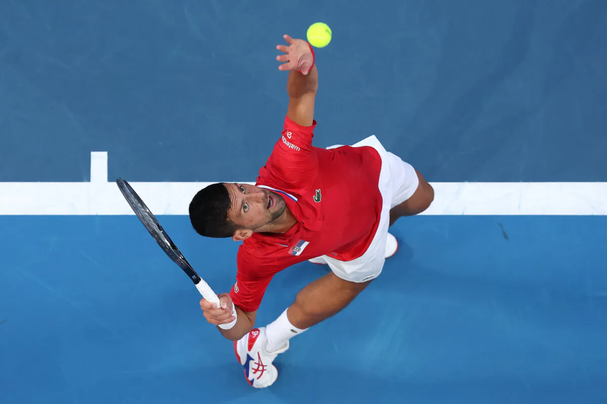 Novak Djokovic serves in his singles match against Zhang Zhizhen of Team China during day three of the 2024 United Cup at RAC Arena in Perth, Australia on Dec. 31, 2023. (Paul Kane/Getty Images)