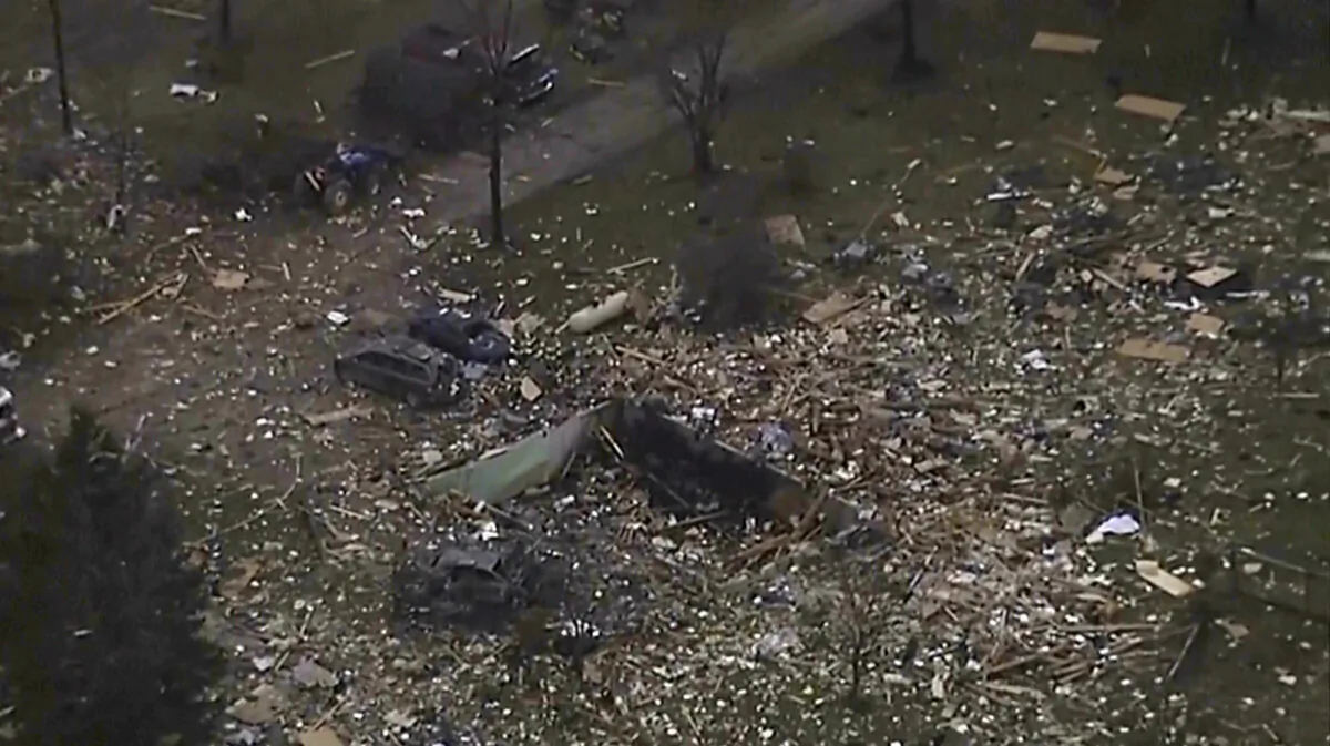 The remains of a house scattered after an explosion in Northfield Township, Mich., on Dec. 30, 2023. (WXYZ via AP)