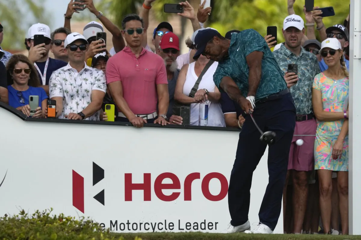 Tiger Woods tees off on the first hole during the second round of the Hero World Challenge PGA Tour at the Albany Golf Club, in New Providence, Bahamas, on Dec. 1, 2023. (Fernando Llano/AP Photo)