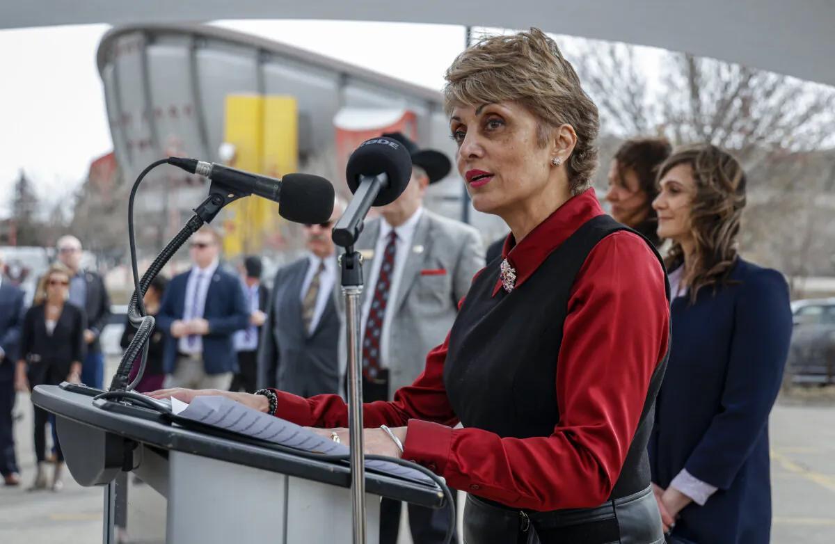 City of Calgary Mayor Jyoti Gondek, speaks at an announcement on plans for an events centre to replace the aging Saddledome, in Calgary, on April 25, 2023. (The Canadian Press/Jeff McIntosh)