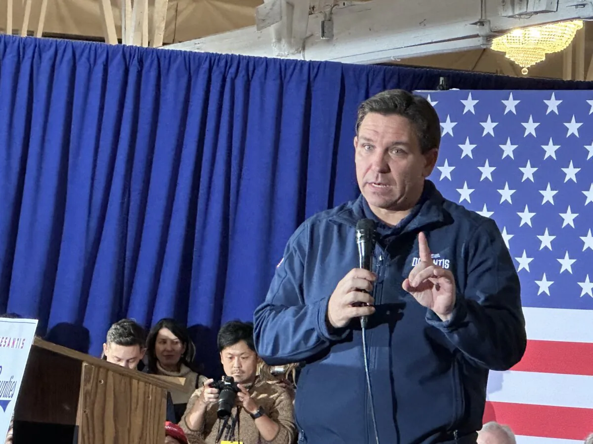 Florida Gov. Ron DeSantis speaks at a rally in Newton, Iowa, on Saturday, Dec. 2, 2023. (Austin Alonzo/The Epoch Times)