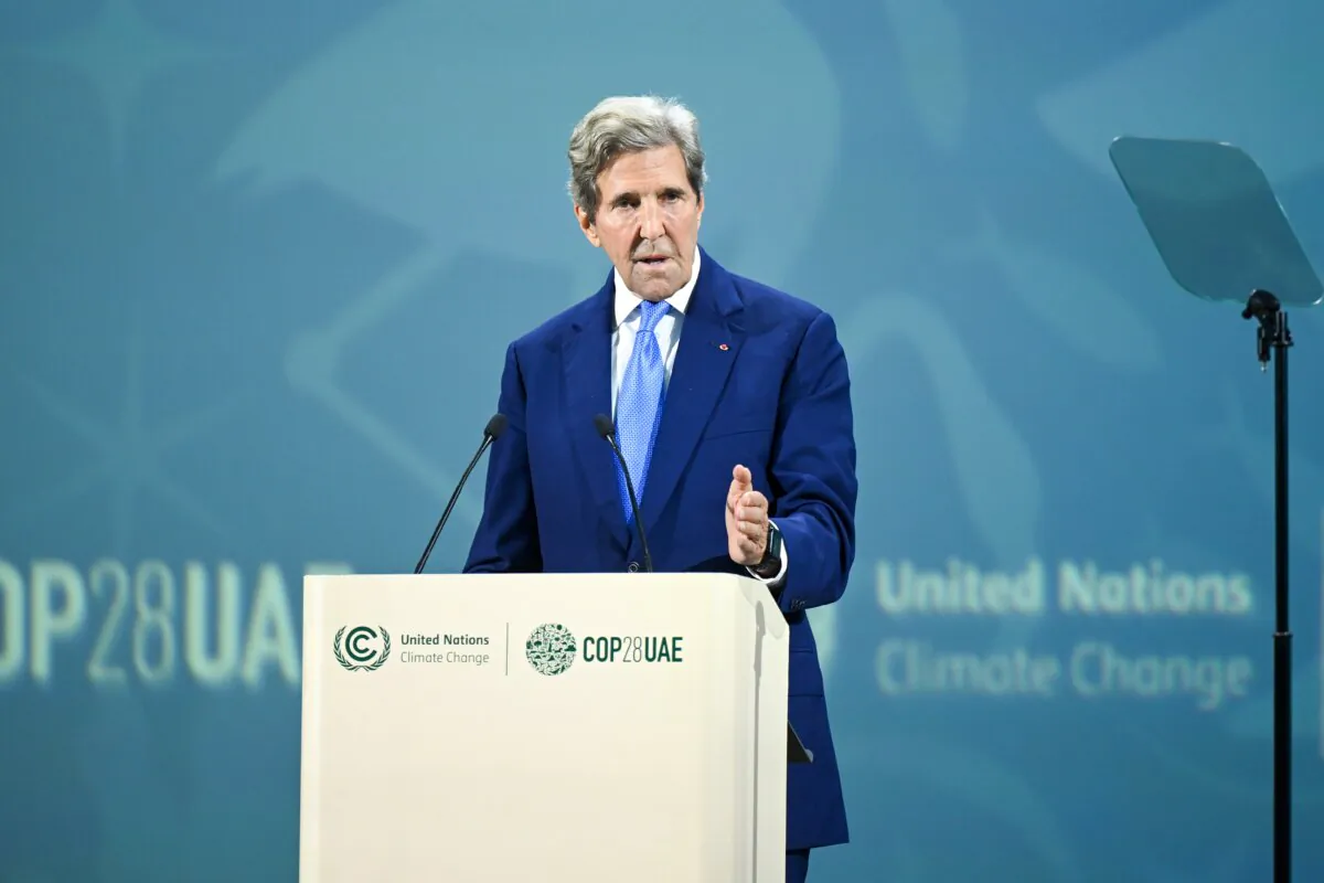 John Kerry, U.S. special presidential envoy for climate, speaks during the Energy Session at Al Waha Theater during day two of the high-level segment of the UNFCCC COP28 Climate Conference at Expo City Dubai in Dubai, United Arab Emirates, on Dec. 2, 2023. (Stuart Wilson/COP28 via Getty Images)