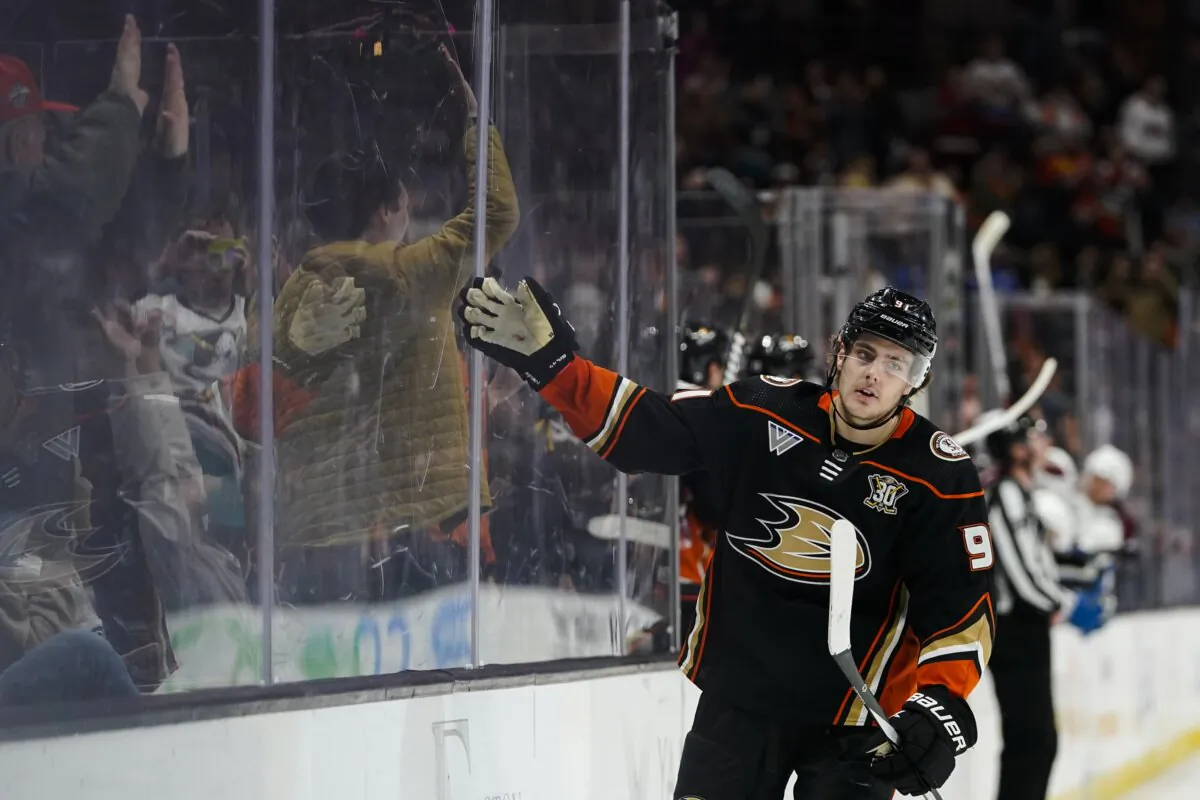 Anaheim Ducks center Leo Carlsson celebrates after scoring against the Colorado Avalanche in the shootout of an NHL hockey game in Anaheim, Calif., on Dec. 2, 2023. (Ryan Sun/AP Photo)