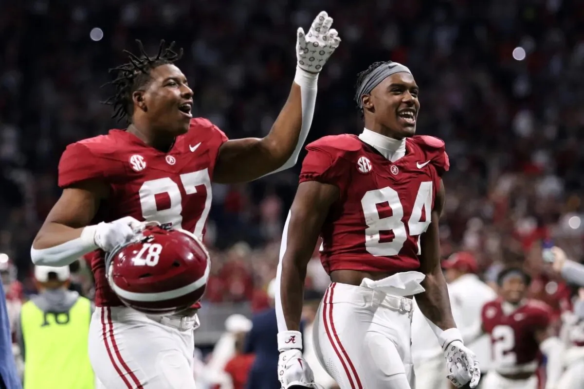Alabama Crimson Tide tight end Amari Niblack (84) and tight end Danny Lewis Jr. (87) celebrate after defeating the Georgia Bulldogs in the SEC championship game at Mercedes-Benz Stadium in Atlanta on Dec. 2, 2023. (Jordan Godfree/USA TODAY Sports via Field Level Media)