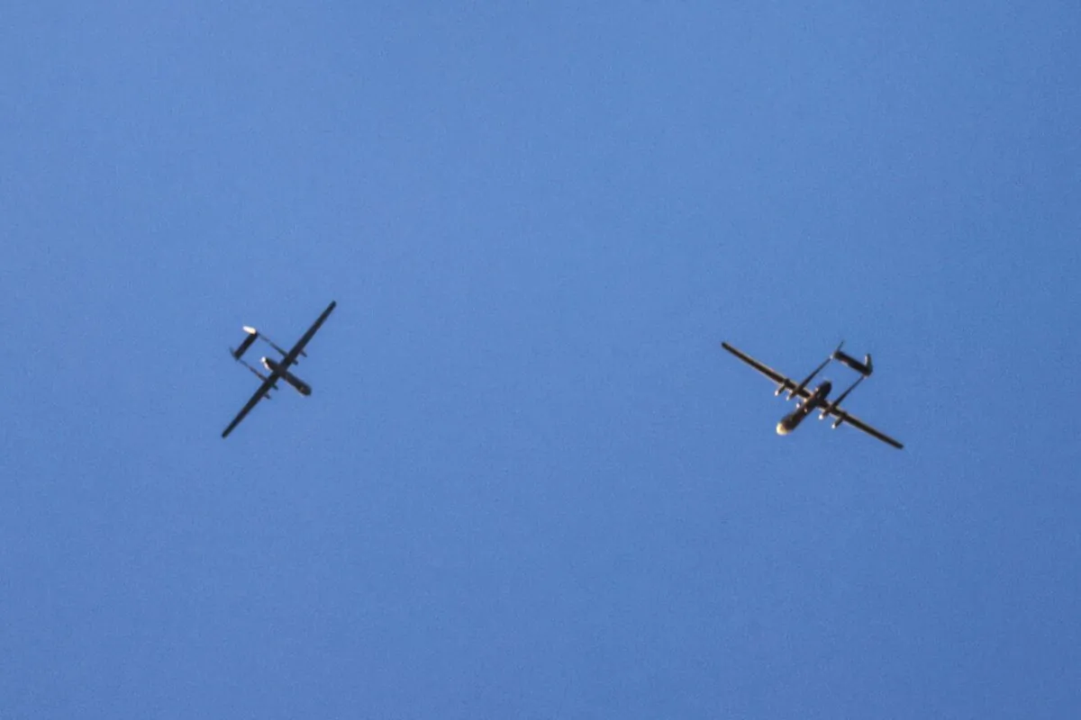 An Israeli drone flies over the border with the Gaza Strip in southern Israel on Nov. 16, 2023  (Jack Guez/AFP via Getty Images)