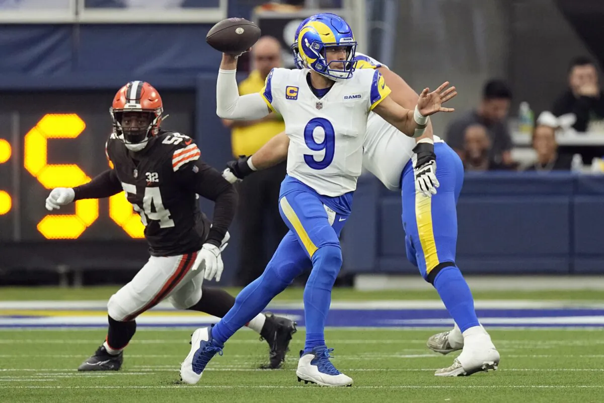 Los Angeles Rams quarterback Matthew Stafford (9) throws on the run against the Cleveland Browns during the first half of an NFL football game in Inglewood, Calif., on Dec. 3, 2023. (Mark J. Terrill/AP Photo)