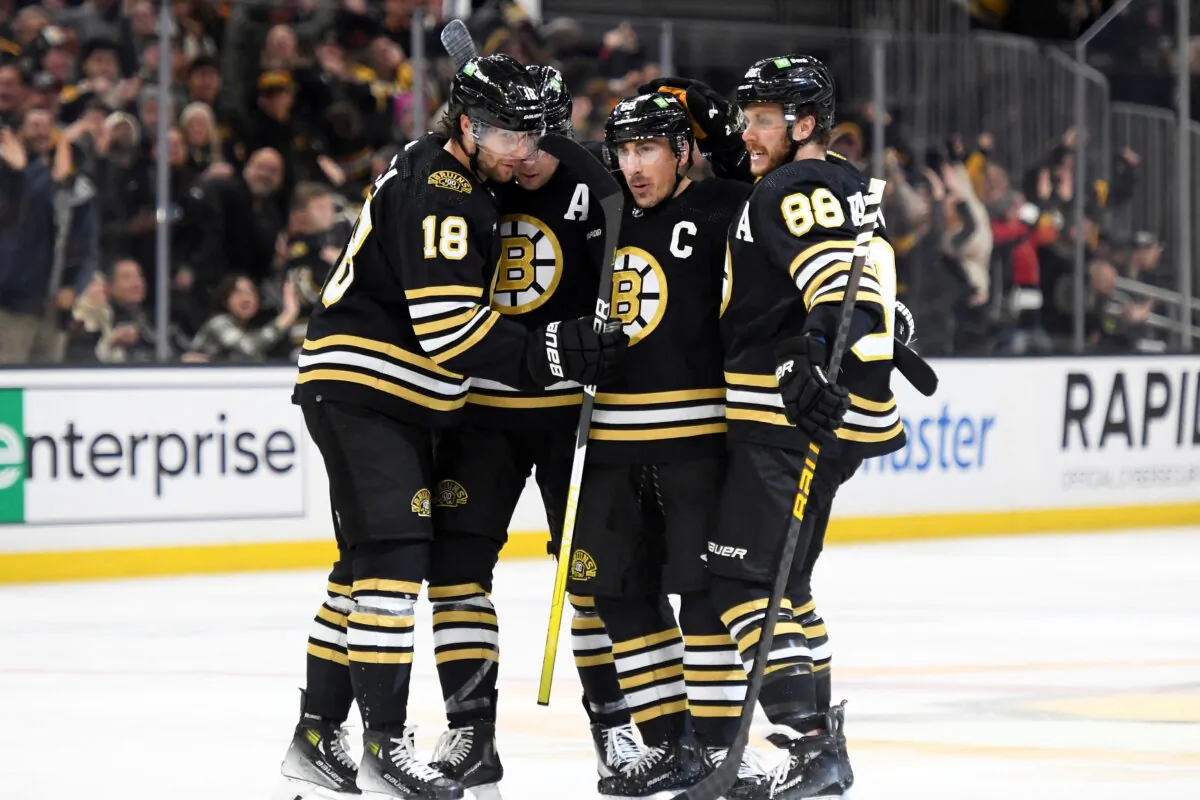 Boston Bruins left wing Brad Marchand (63) celebrates scoring a goal during the third period against the Columbus Blue Jackets at TD Garden in Boston on Dec. 3, 2023. (Bob DeChiara-USA TODAY Sports via Field Level Media)