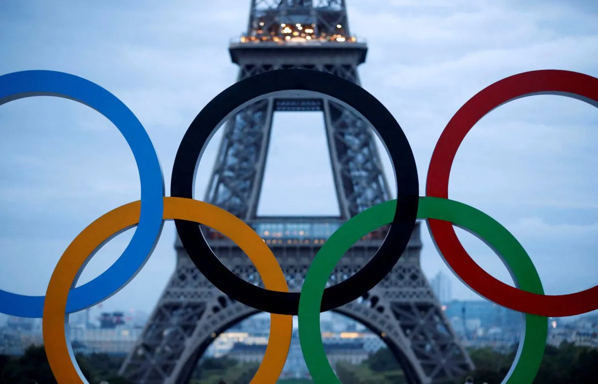 Olympic rings to celebrate the IOC official announcement that Paris won the 2024 Olympic bid are seen in front of the Eiffel Tower at the Trocadero square in Paris on Sept. 14, 2017. (Christian Hartmann/Reuters)