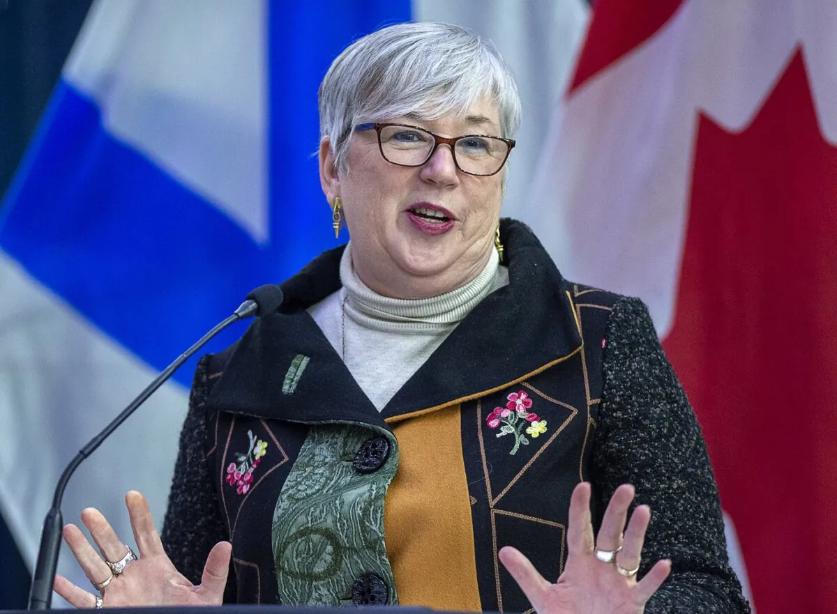 Bernadette Jordan addresses the audience at the keel laying ceremony of the future HMCS William Hall at Irving Shipbuilding in Halifax on Feb. 17, 2021. (The Canadian Press/Andrew Vaughan)