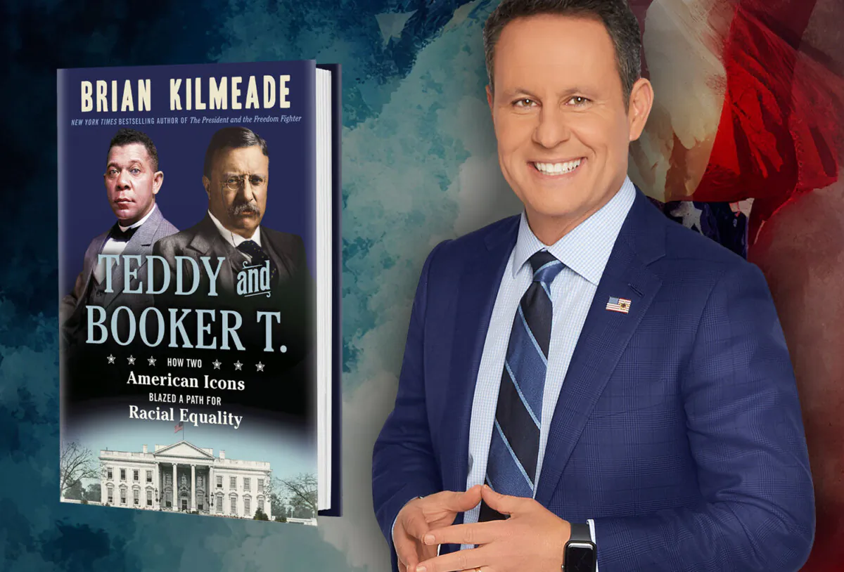 Fox News host Brian Kilmeade and the cover of his new book “Teddy and Booker T.: How Two American Icons Blazed a Path for Racial Equality.” (BrianKilmeade.com)