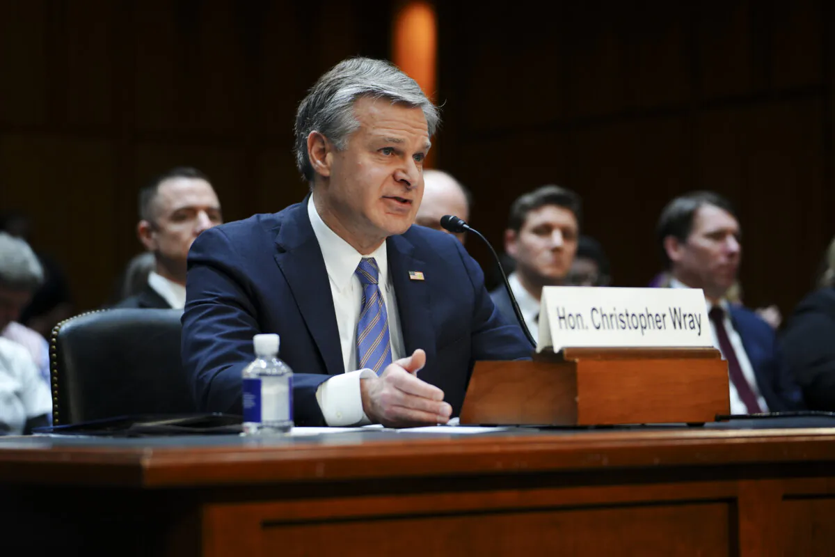 Federal Bureau of Investigation (FBI) director Christopher Wray testifies before the Senate Judiciary Committee in Washington on Dec. 5, 2023. (Madalina Vasiliu/The Epoch Times)
