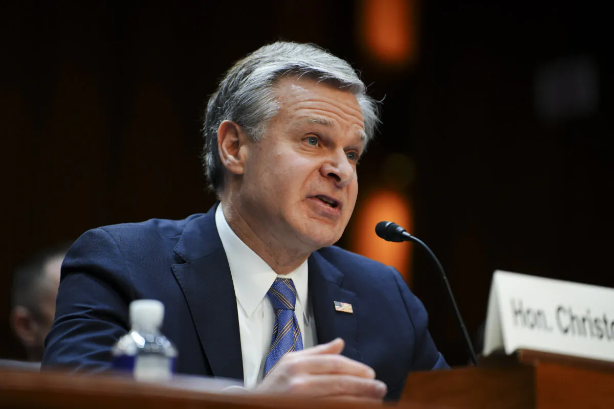 Federal Bureau of Investigation (FBI) director Christopher Wray testifies before the Senate Judiciary Committee in Washington on Dec. 5, 2023. (Madalina Vasiliu/The Epoch Times)