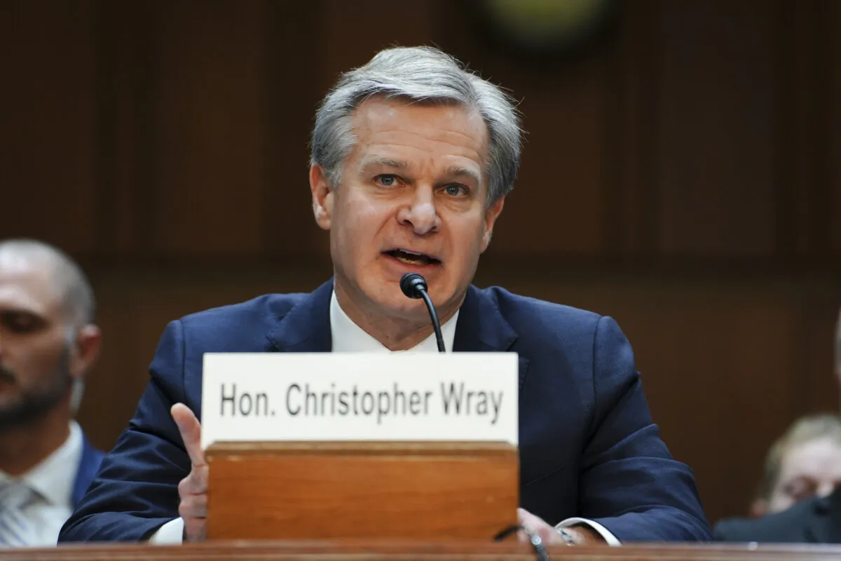 Federal Bureau of Investigation (FBI) director Christopher Wray testifies before the Senate Judiciary Committee in Washington on Dec. 5, 2023. (Madalina Vasiliu/The Epoch Times)