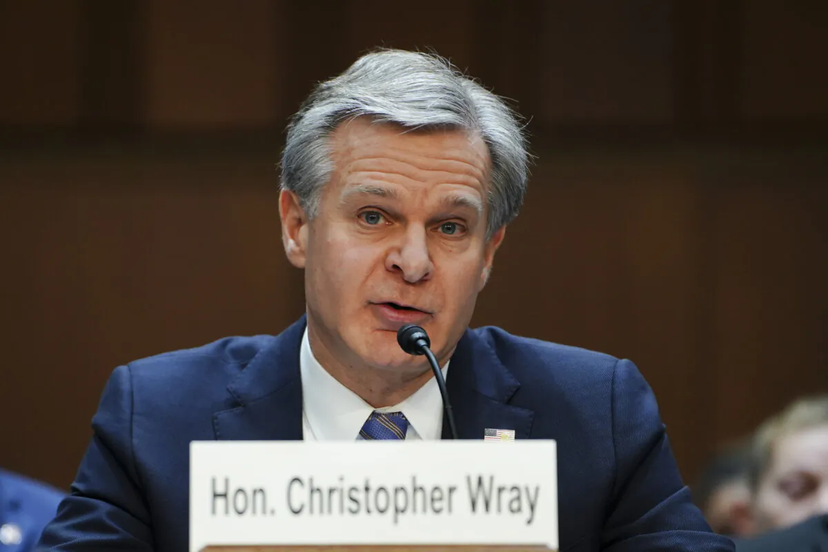 FBI Director Christopher Wray testifies before the Senate Judiciary Committee in Washington on Dec. 5, 2023. (Madalina Vasiliu/The Epoch Times)