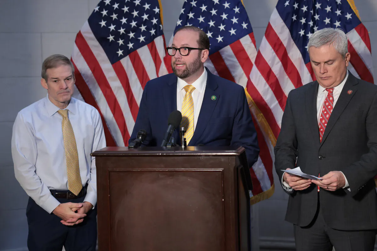 (L–R) House Judiciary Committee Chairman Jim Jordan (R-Ohio), House Ways and Means Committee Chairman Jason Smith (R-Mo.), and House Oversight Committee Chairman James Comer (R-Ky.) hold a news conference in the Longworth House Office Building on Capitol Hill, on Dec. 5, 2023. (Win McNamee/Getty Images)