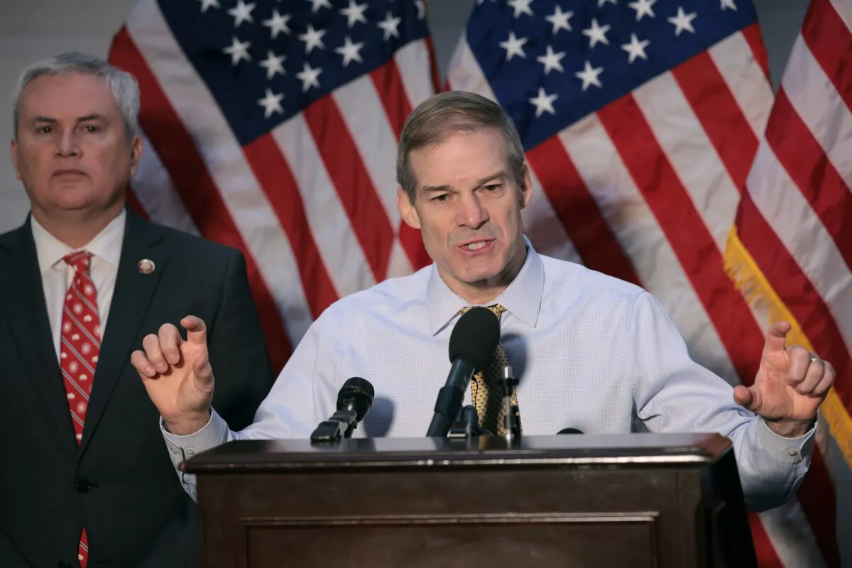 House Judiciary Committee Chairman Jim Jordan (R) and House Oversight Committee Chairman James Comer (L) hold a news conference in the Longworth House Office Building on Capitol Hill, on Dec. 5, 2023. (Win McNamee/Getty Images)