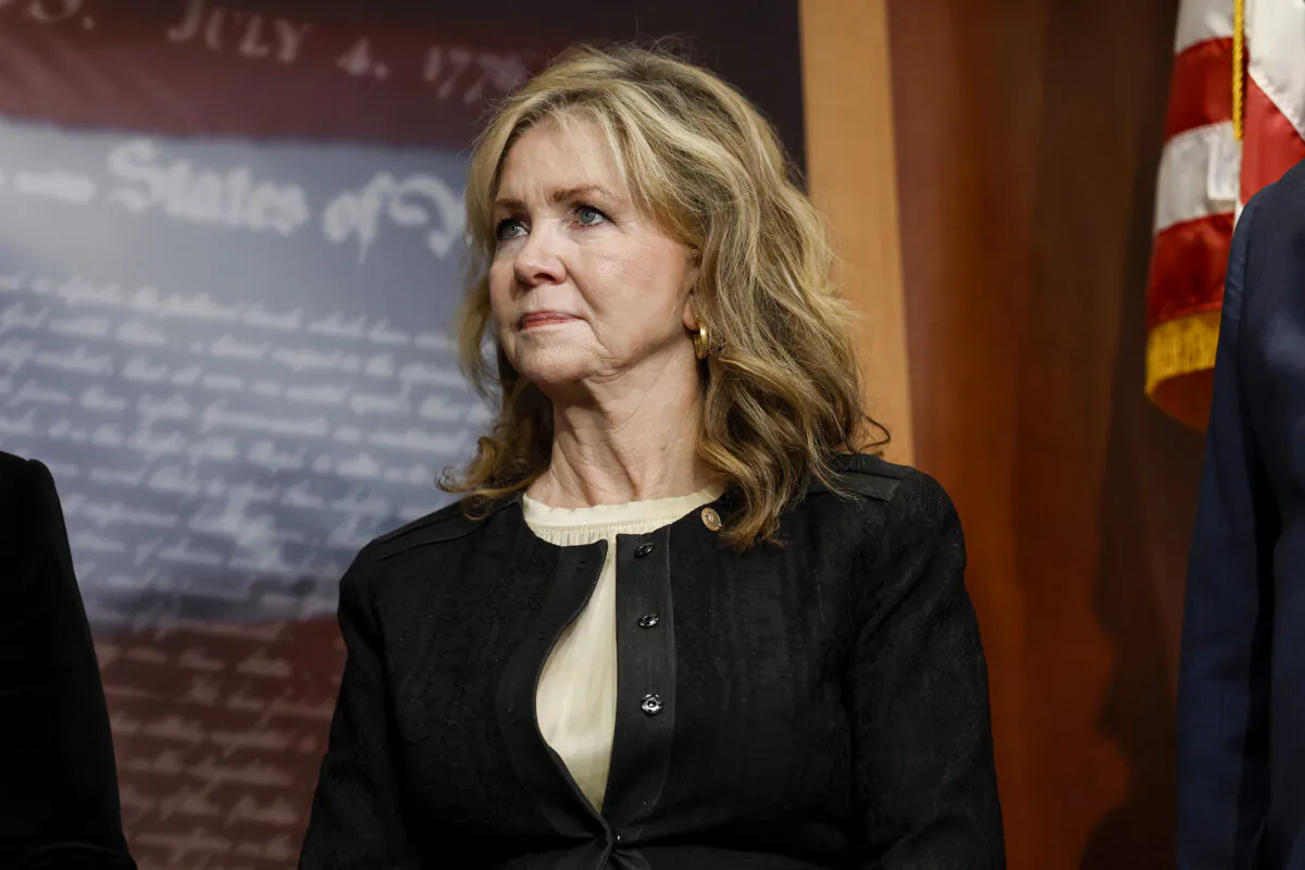 Sen. Marsha Blackburn (R-Tenn.) listens during a press conference on border security at the U.S. Capitol Building in Washington on Sept. 27, 2023. (Anna Moneymaker/Getty Images)