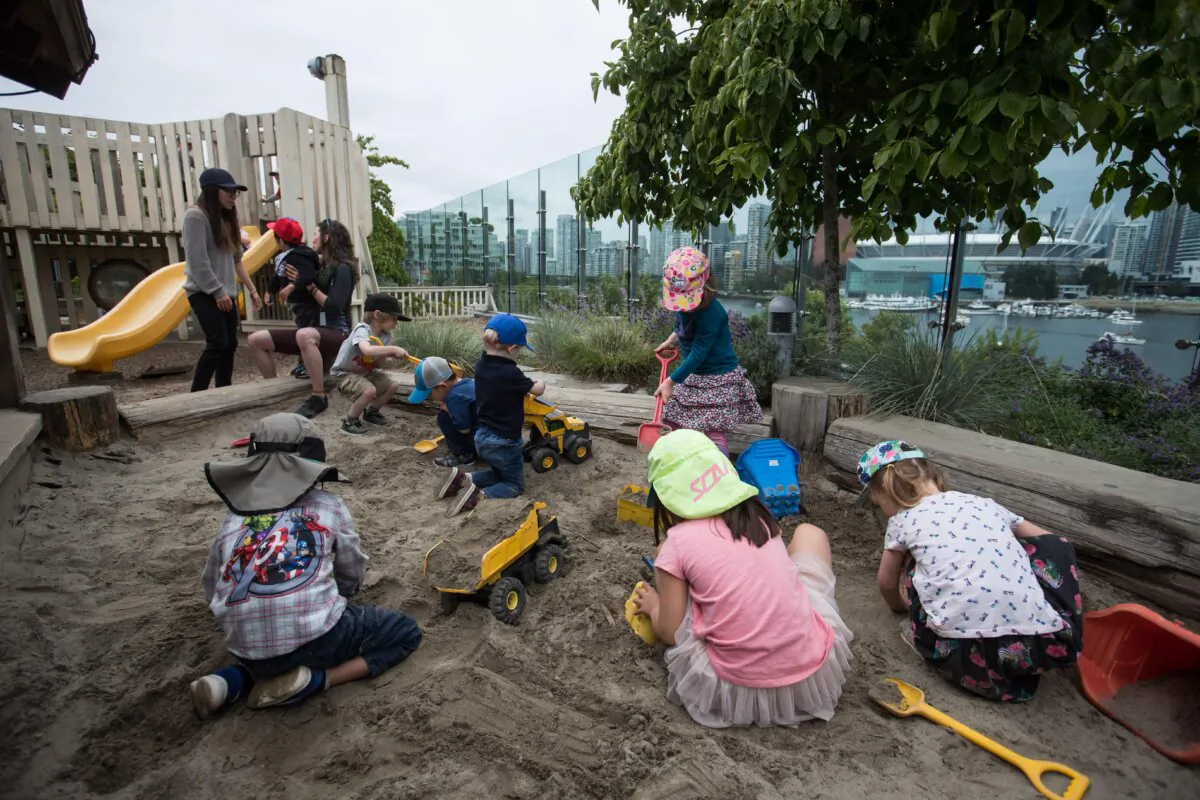 Children play in a sandbox at a daycare in Vancouver, on July 4, 2019. (The Canadian Press/Darryl Dyck)