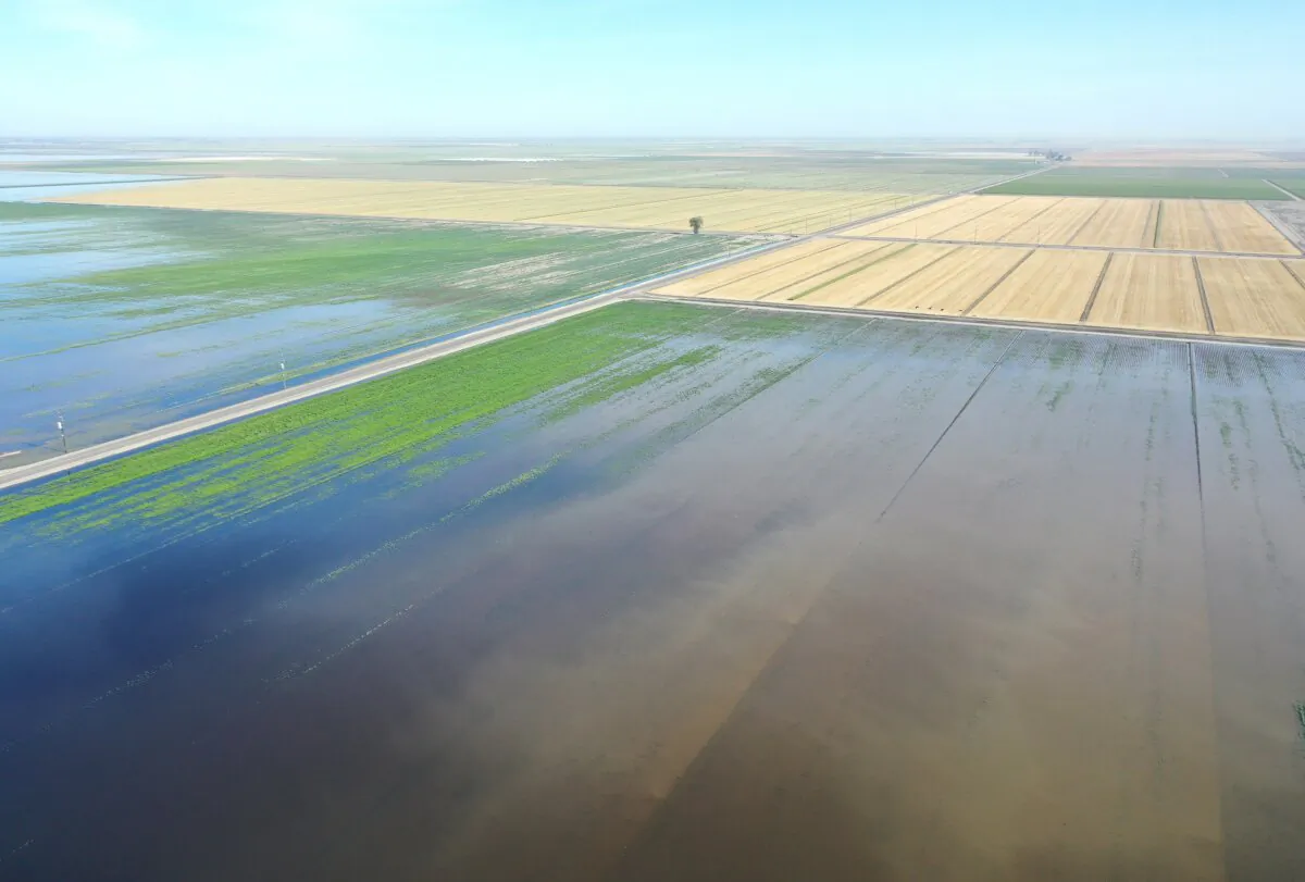 Flooded farmland in the reemerging Tulare Lake, in California’s Central Valley, near Corcoran, Calif., on April 27, 2023. (Mario Tama/Getty Images)