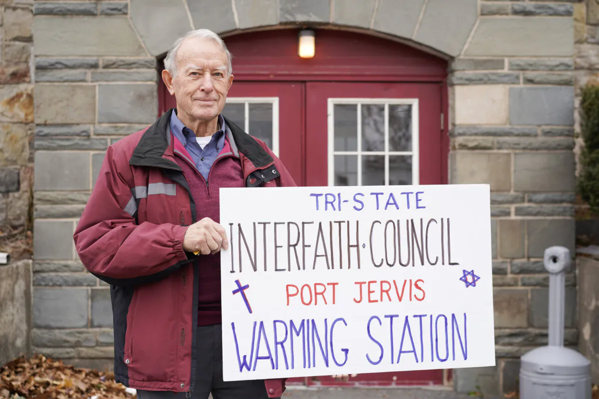 Jack Austin in front of St. Peter's Lutheran Church in Port Jervis, N.Y., on Dec. 1, 2023. (Cara Ding/The Epoch Times)