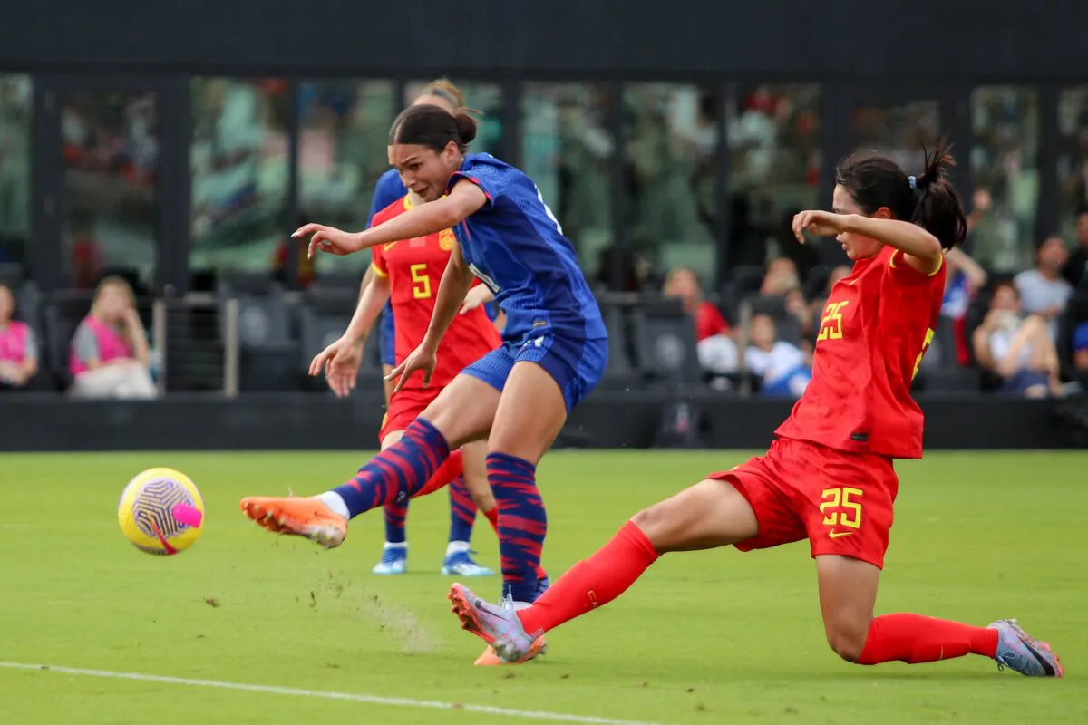 Sophia Smith of Team United States shoots on goal during the USWNT v China PR, international friendly game, at DRV PNK Stadium in Fort Lauderdale, Florida, on Dec. 2, 2023. (Chris Arjoon/AFP via Getty Images)