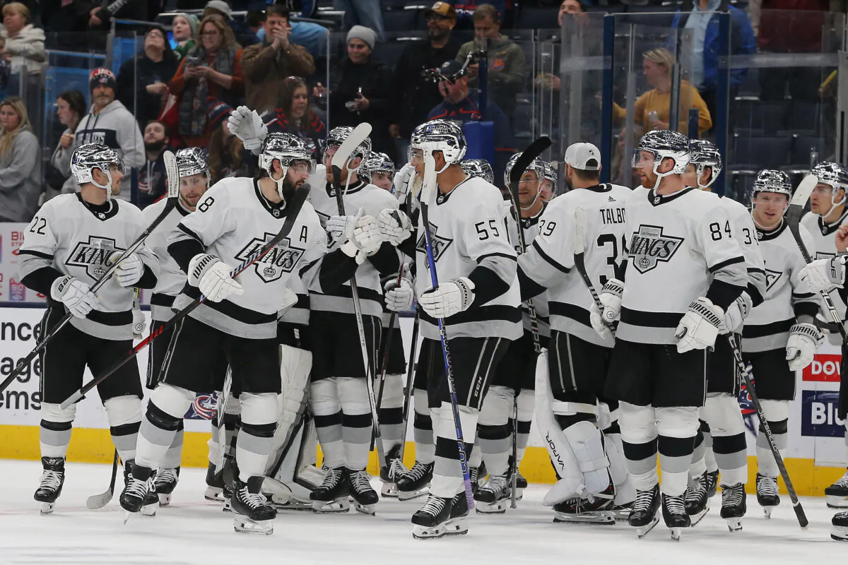 Los Angeles Kings defenseman Drew Doughty (8) celebrates his goal against the Columbus Blue Jackets in overtime in Columbus, Ohio, on Dec. 5, 2023. (Russell LaBounty/USA TODAY Sports via Field Level Media)
