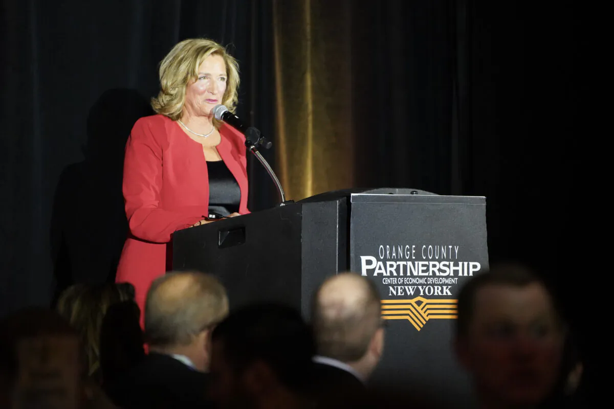 Orange County Partnership President Maureen Halahan gives a speech at the annual event at the Barn at Villa Venezia in Middletown, N.Y., on Dec. 5, 2023. (Cara Ding/The Epoch Times)