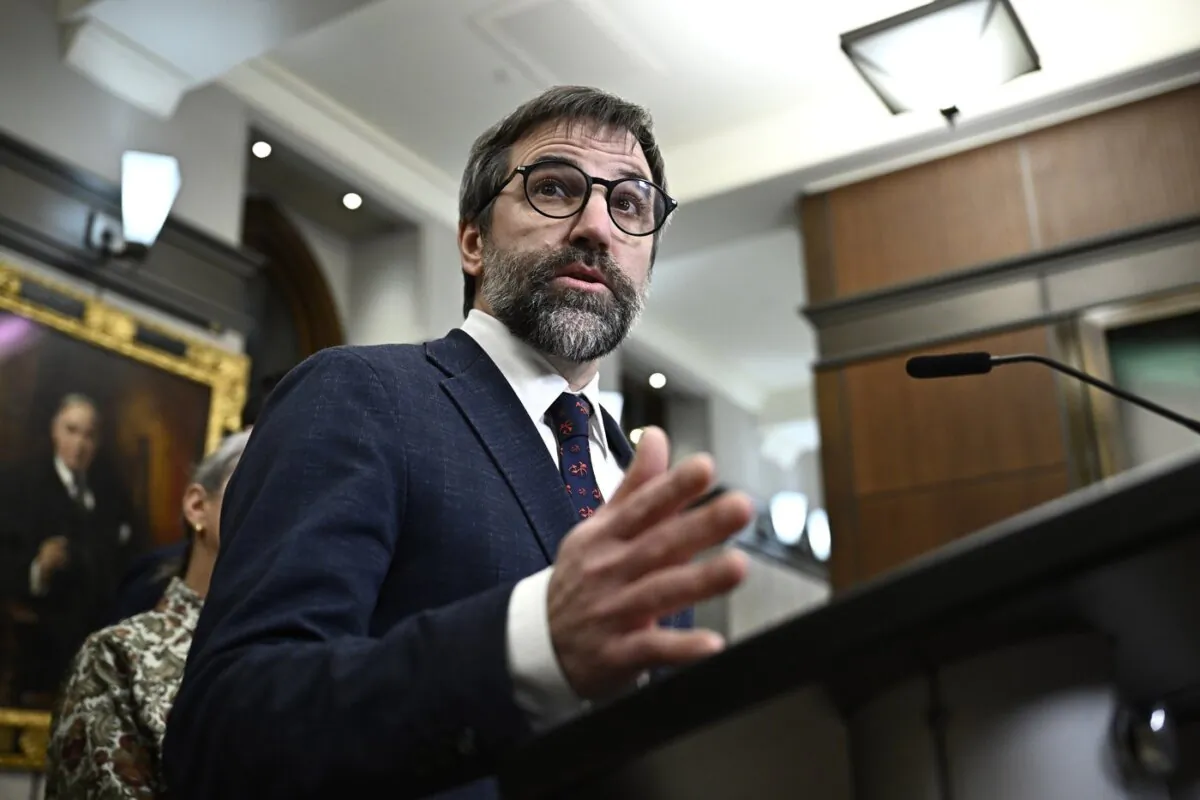 Minister of Environment and Climate Change Steven Guilbeault speaks during a media availability on Parliament Hill in Ottawa, on Nov. 27, 2023. (The Canadian Press/Justin Tang)