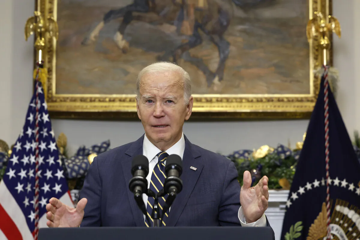 President Joe Biden delivers a statement urging Congress to pass his national security supplemental from the Roosevelt Room at the White House in Washington on Dec. 6, 2023. (Anna Moneymaker/Getty Images)