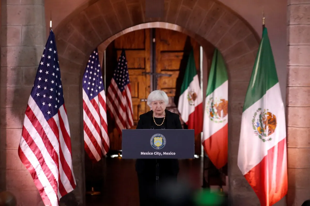 Treasury Secretary Janet Yellen gives a statement to the press during her visit in Mexico City on Dec. 6, 2023. (Daniel Becerril/Reuters)