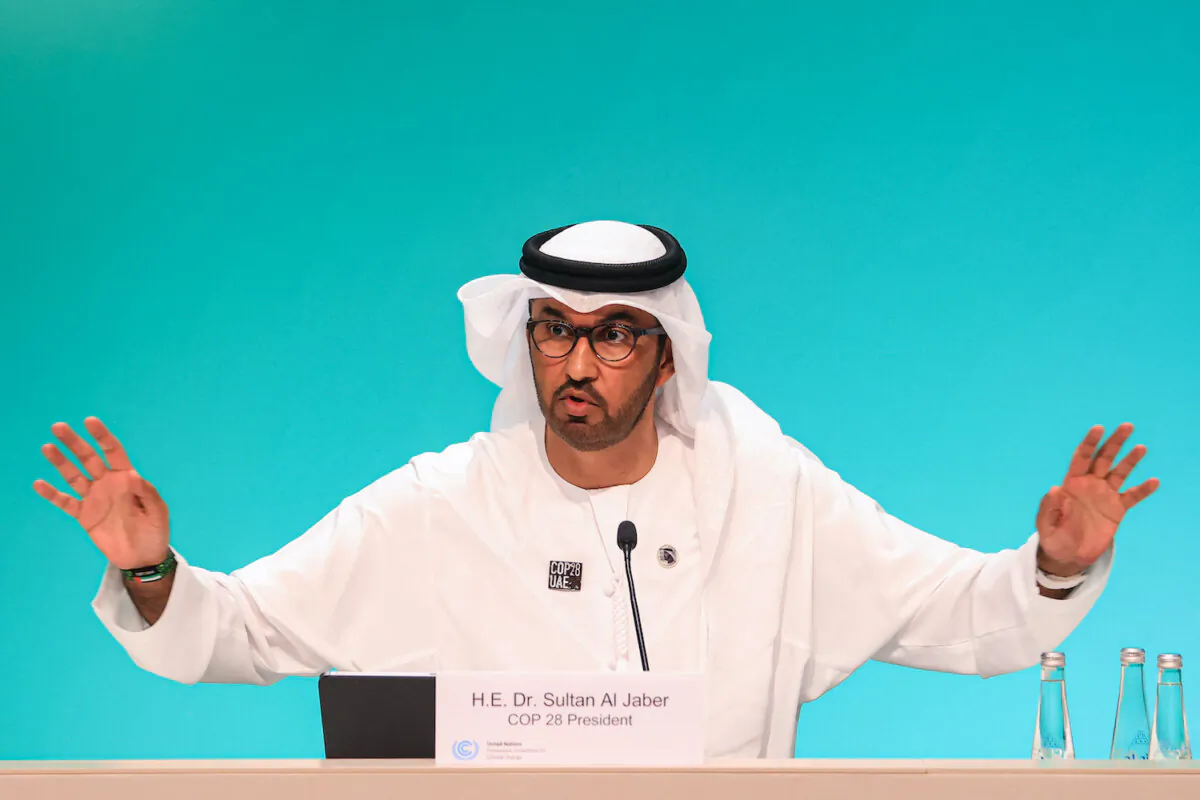 COP28 President Sultan Ahmed Al Jaber speaks during a press conference at the United Nations climate summit in Dubai on Dec. 4, 2023. (Karim Sahib/AFP via Getty Images)