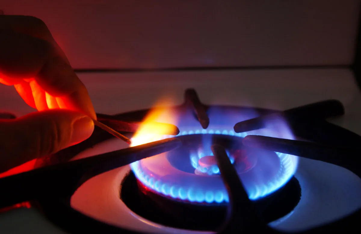 Blue flames rise from the burner of a natural gas stove in Orange, Calif., on June 11, 2003. (David McNew/Getty Images)