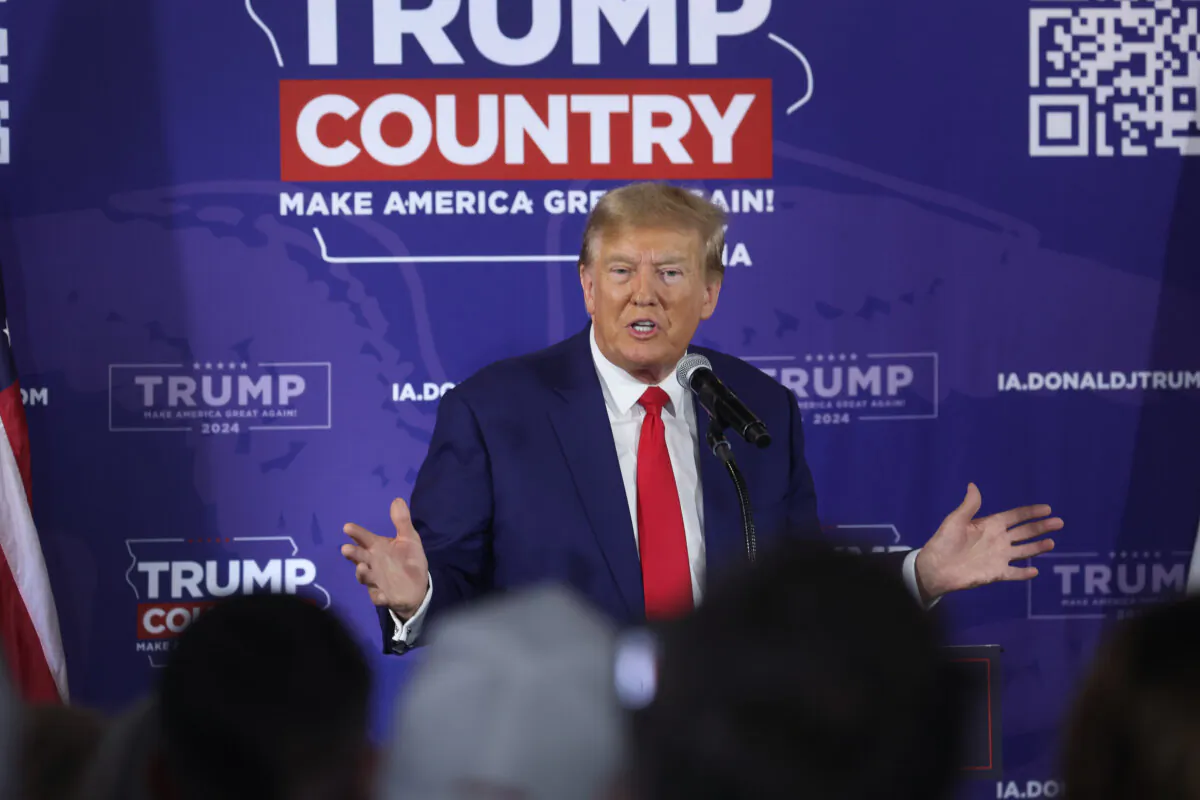 Republican presidential candidate former President Donald Trump speaks at a commit to caucus campaign event at the Whiskey River bar  in Ankeny, Iowa, on Dec. 2, 2023. (Scott Olson/Getty Images)