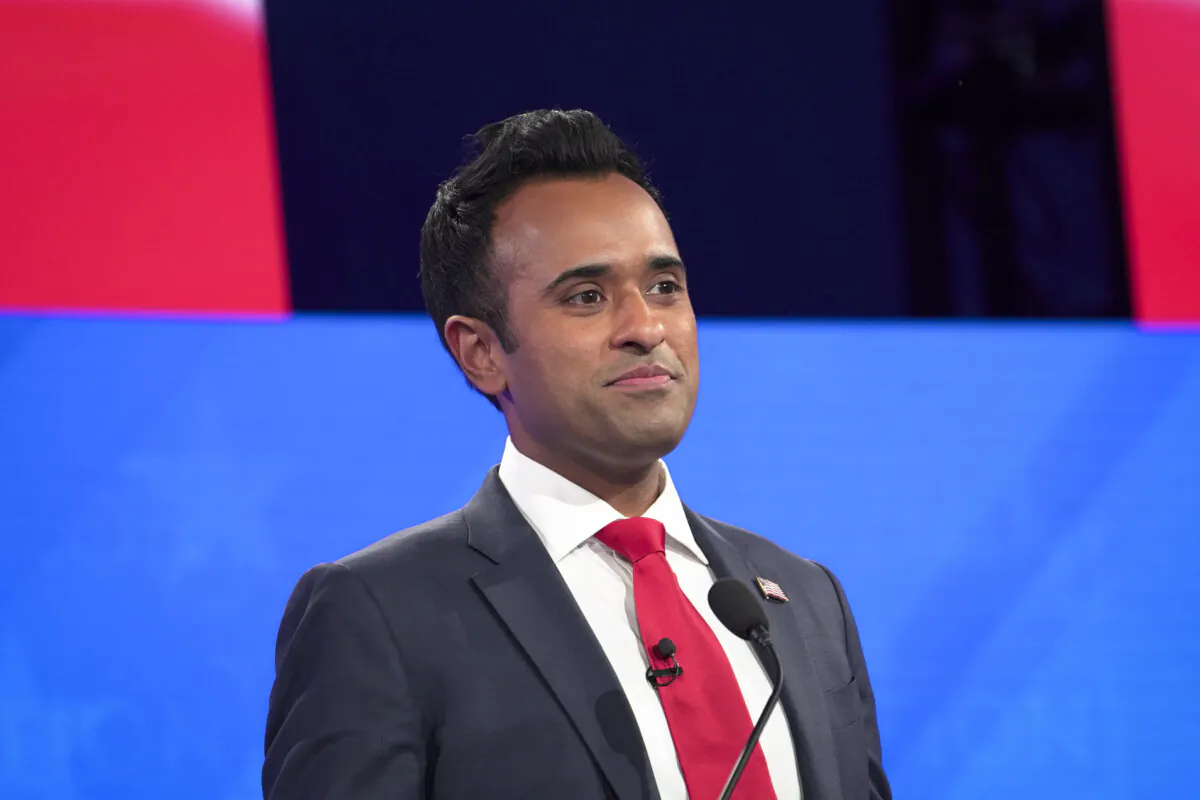 Republican presidential candidate Vivek Ramaswamy participates in the fourth Republican presidential primary debate at the University of Alabama in Tuscaloosa, Ala., on Dec. 6, 2023. (Madalina Vasiliu/The Epoch Times)