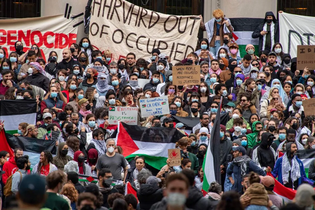 Supporters of Palestine gather in Harvard Yard, Cambridge, Mass., on Oct. 14, 2023, a week after Hamas terrorists conducted the deadliest attack in Israeli history. (Joseph Prezioso/AFP via Getty Images)