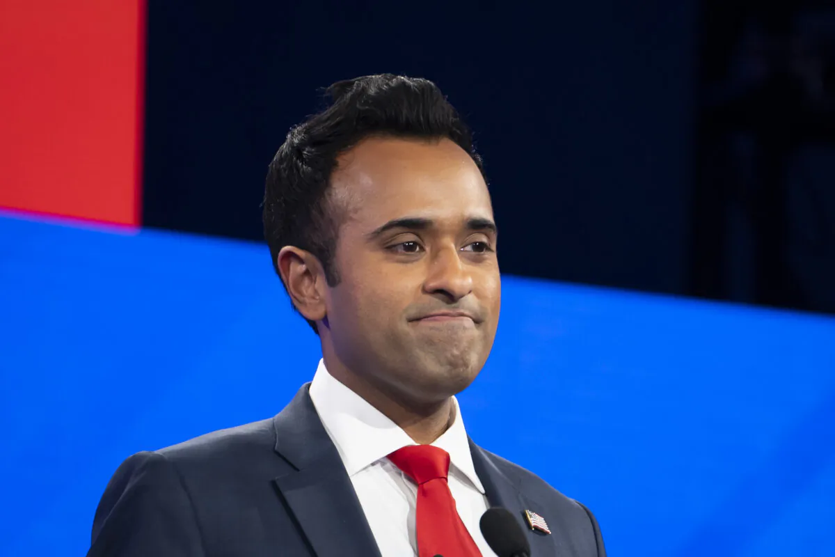 Republican presidential candidate entrepreneur Vivek Ramaswamy participates in the fourth GOP presidential primary debate, at the University of Alabama in Tuscaloosa, Ala., on Dec. 6, 2023. (Madalina Vasiliu/The Epoch Times)