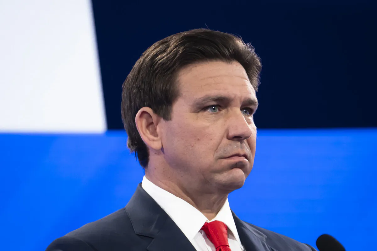 Republican presidential candidate Florida Gov. Ron DeSantis participates in the fourth GOP presidential primary debate at the University of Alabama in Tuscaloosa, Ala., on Dec. 6, 2023. (Madalina Vasiliu/The Epoch Times)