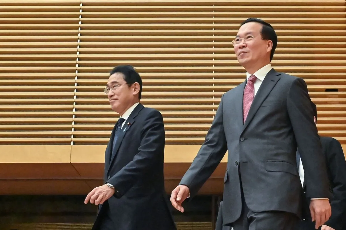 Vietnam's President Vo Van Thuong (R) and Japan's Prime Minister Fumio Kishida (L) arrive for a document exchange ceremony and joint press conference after their meeting at the prime minister's official residence in Tokyo on November 27, 2023. (Photo by Richard A. Brooks / POOL / AFP) (Photo by RICHARD A. BROOKS/POOL/AFP via Getty Images)