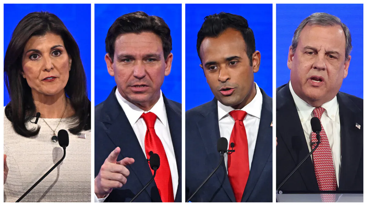 (L–R) Former South Carolina governor and U.N. ambassador Nikki Haley, Florida Gov. Ron DeSantis, entrepreneur Vivek Ramaswamy, and former New Jersey governor Chris Christie participate in the fourth Republican presidential primary debate at the University of Alabama in Tuscaloosa, Ala., on Dec. 6, 2023, in a combination photo. (Jim Watson, Justin Sullivan/AFP via Getty Images)