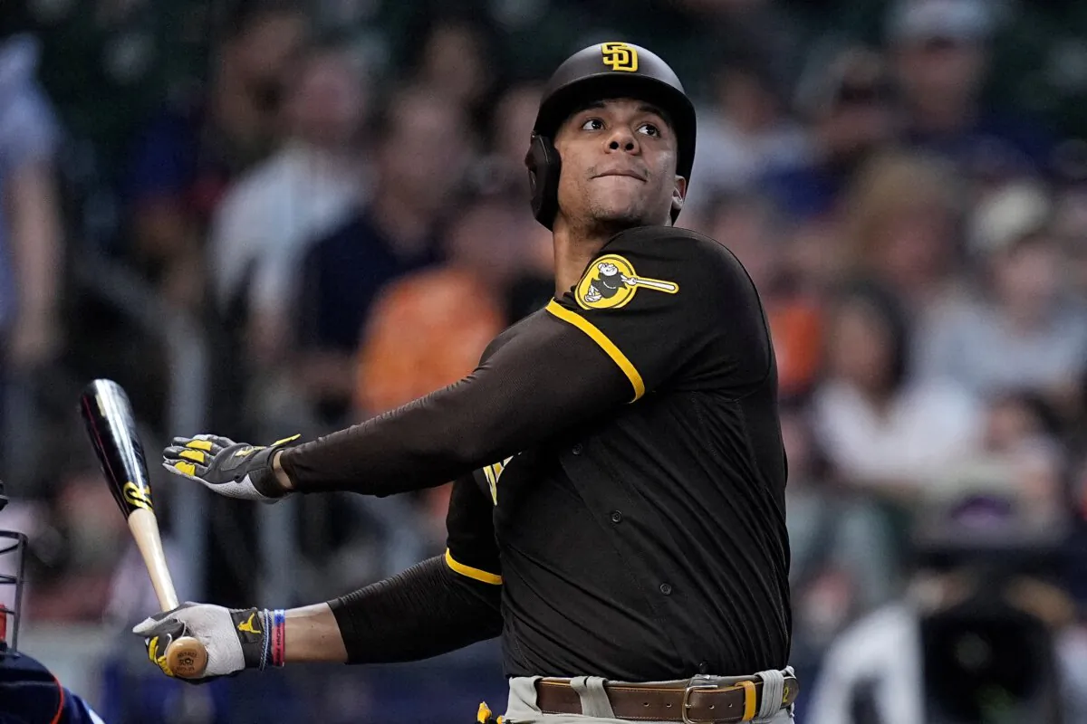San Diego Padres' Juan Soto bats during the third inning of a baseball game against the Houston Astros in Houston on Sept. 10, 2023. (Kevin M. Cox/AP Photo)