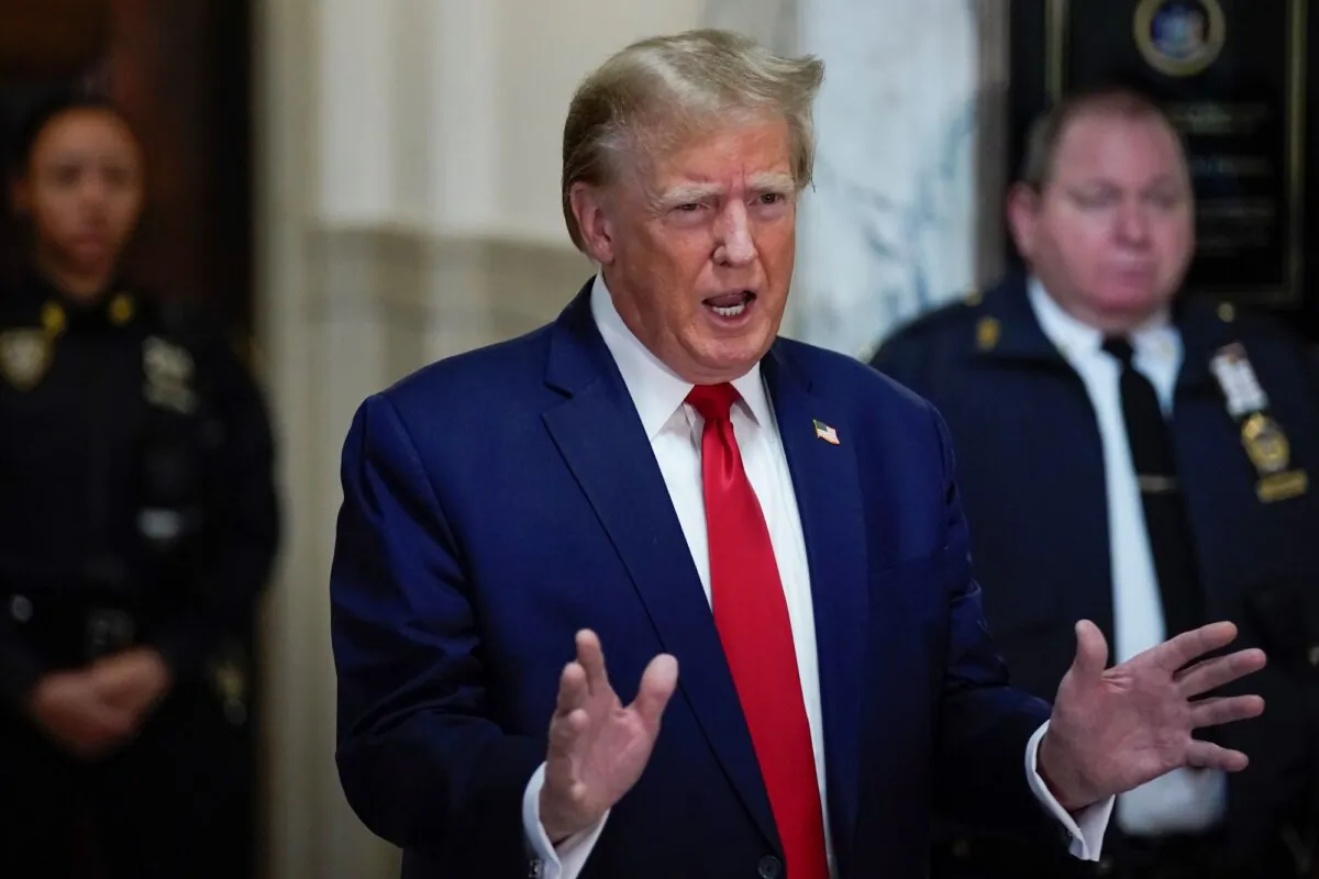 Former President Donald Trump speaks after arriving for his civil business fraud trial in New York State Supreme Court on Dec. 7, 2023, in New York City. (Eduardo Munoz Alvarez-Pool/Getty Images)