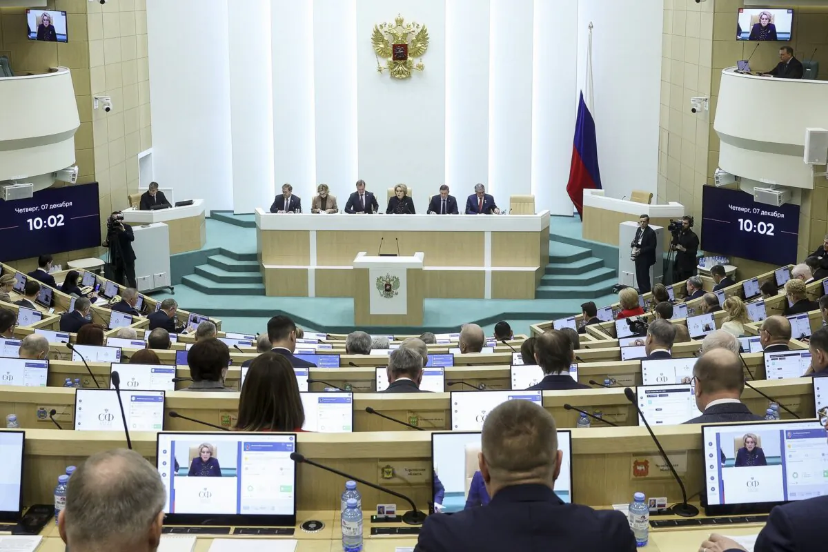 Valentina Matviyenko, speaker of the Federation Council, Russian parliament's upper chamber, (background C), leads the session of Federation Council of the Federal Assembly of the Russian Federation in Moscow on Dec. 7, 2023. (Federation Council of the Federal Assembly of the Russian Federation via AP)