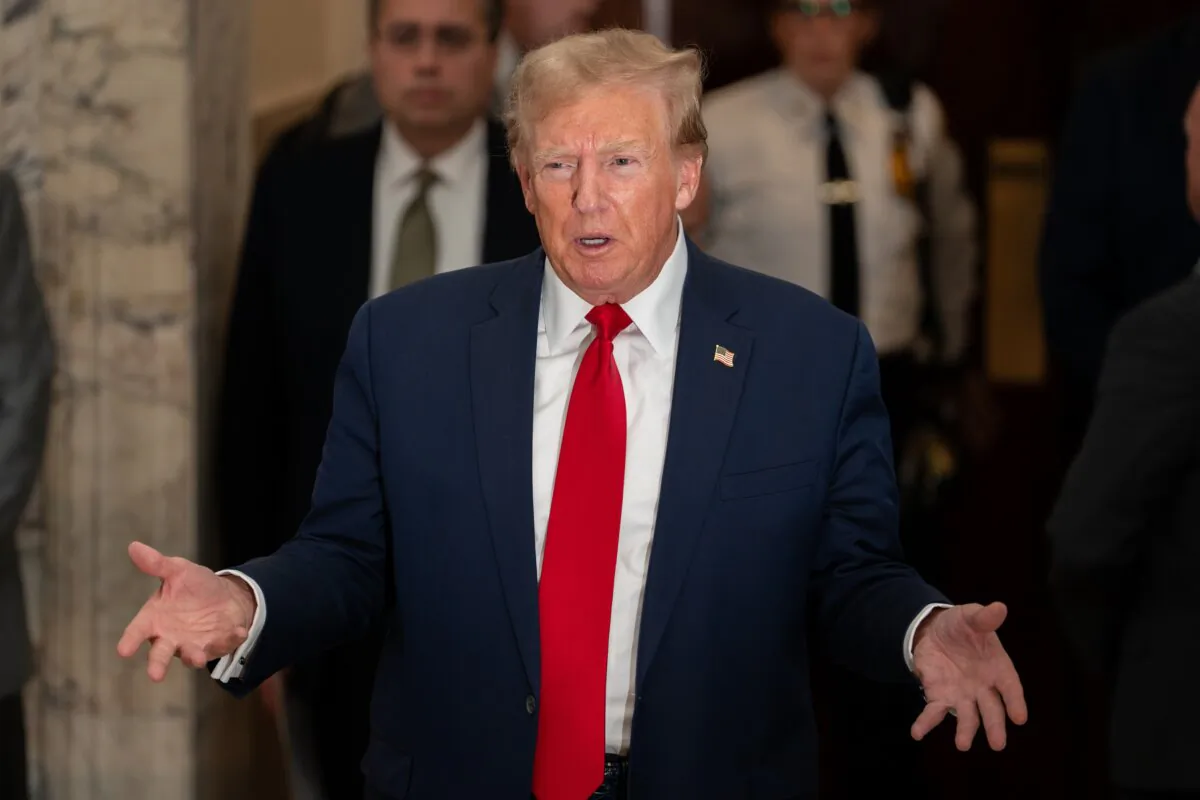 Former President Donald Trump departs for lunch and speaks to the media during his trial in New York State Supreme Court in New York on Dec. 7, 2023. (David Dee Delgado/Getty Images)