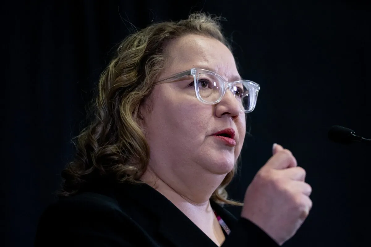 National Chief of the Assembly of First Nations, Cindy Woodhouse, speaks to reporters after winning the election on the third day of the Special Chiefs Assembly (SCA) in Ottawa, on Dec. 7, 2023. (The Canadian Press/Spencer Colby)