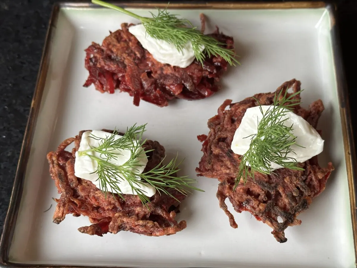 Substitute grated beets for shredded potatoes for a colorful twist on latkes. (Ari LeVaux)