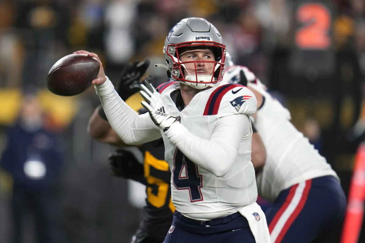 New England Patriots quarterback Bailey Zappe throws during the first half of an NFL football game against the Pittsburgh Steelers in Pittsburgh on Dec. 7, 2023. (Gene J. Puskar/AP Photo)