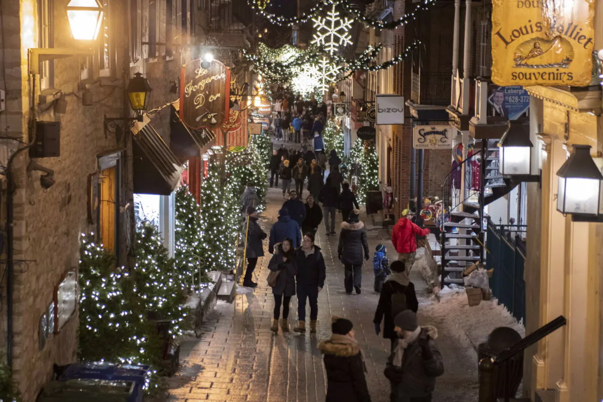 Christmas lights on Petit-Champlain street are seen in the old historic area of Quebec City, on Dec. 16, 2018. (The Canadian Press/Jacques Boissinot)