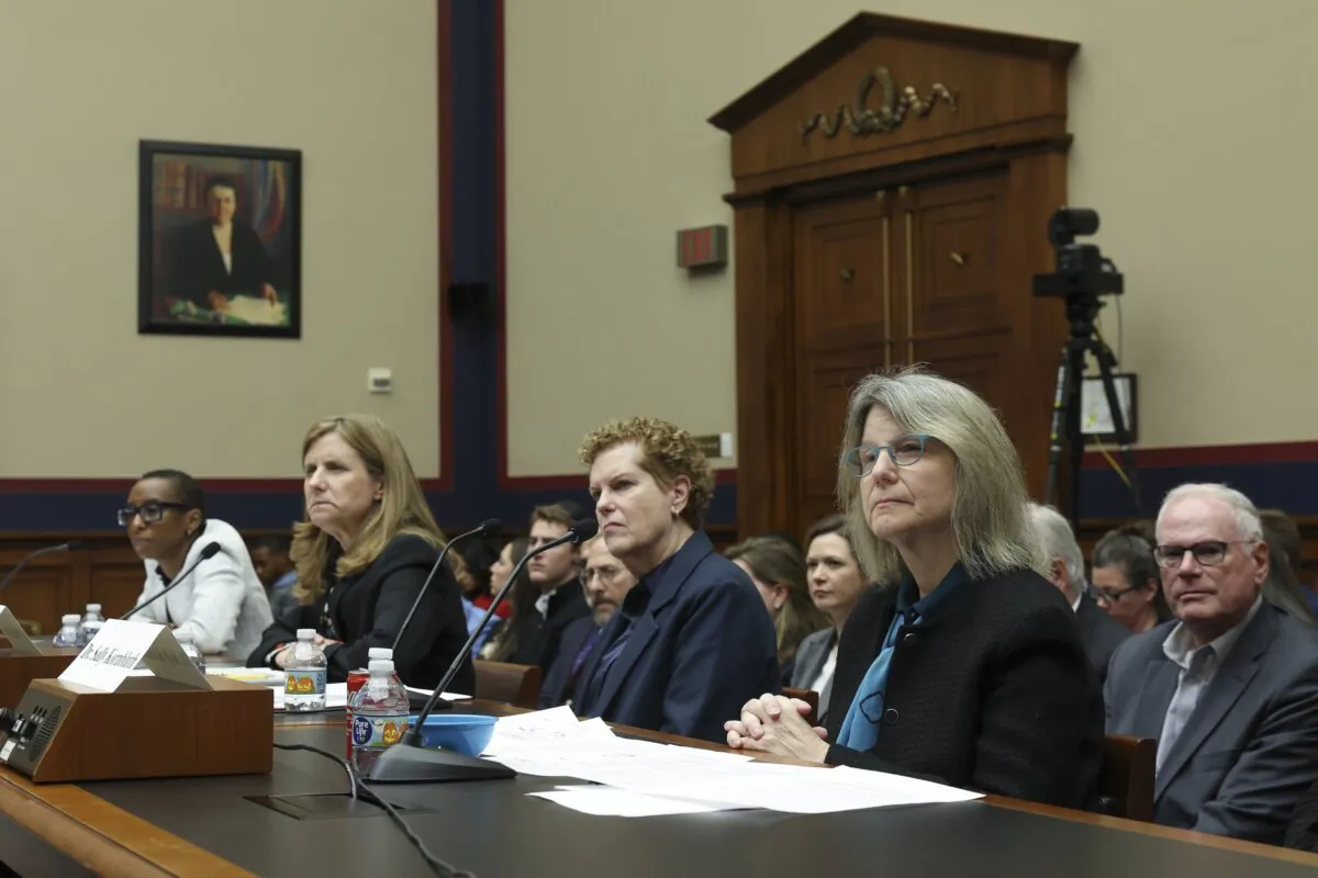 (L-R) Dr. Claudine Gay, president of Harvard University, Liz Magill, president of University of Pennsylvania, Dr. Pamela Nadell, professor of history and Jewish studies at American University, and Dr. Sally Kornbluth, president of Massachusetts Institute of Technology, testify before the House Education and Workforce Committee at the Rayburn House Office Building in Washington, D.C., on Dec. 5, 2023. The Committee held a hearing to investigate anti-Semitism on college campuses. (Kevin Dietsch/Getty Images)