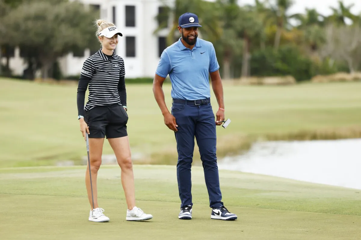 Nelly Korda of the United States and Tony Finau of the United States look on over the 18th green during the first round of the Grant Thornton Invitational at Tiburon Golf Club in Naples, Fla, on Dec. 8, 2023. (Douglas DeFelice/Getty Images)